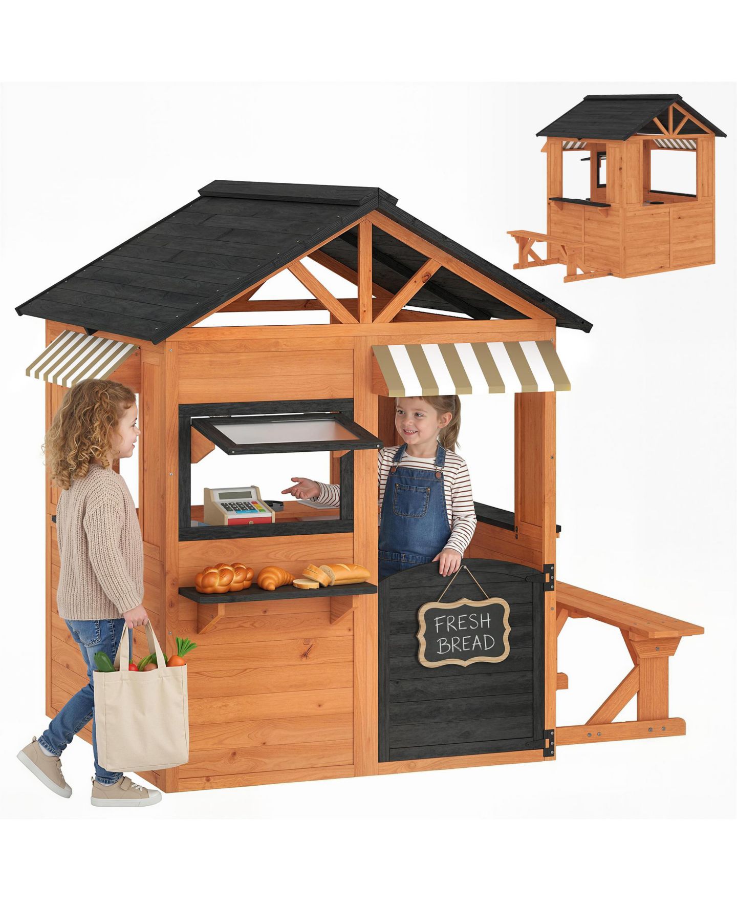 Детская игрушка Qaba Outdoor Wooden Playhouse with Play Kitchen, Ages 3+, цвет: Коричневый — фото 1
