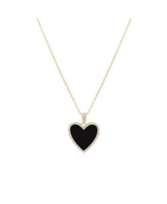 Large Onyx CZ Halo Heart Necklace 14K Gold-Plated Sterling Silver
