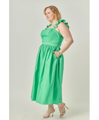English Factory Plus Size Flower Embroidered Ruffle Midi Dress - Green