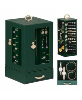 Large Jewelry Organizer Box with Drawer Compartments Hooks Slots 360 Rotating PU Leather Lining Transparent Window