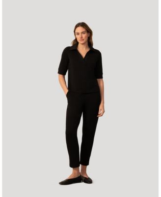 Women's Cable and Gauge Rib Collar Polo Top and Pant Set