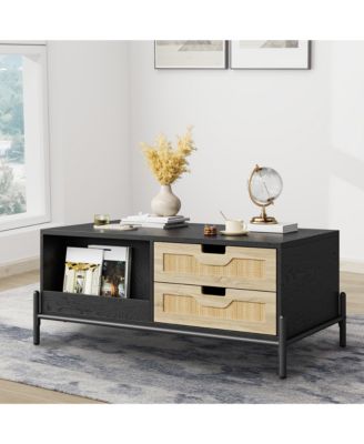 Coffee Table for Living Room, Modern Rattan Table with 4 Drawers and 2 Compartments, Wooden Table with LED Lights, Rectangle Table for Office