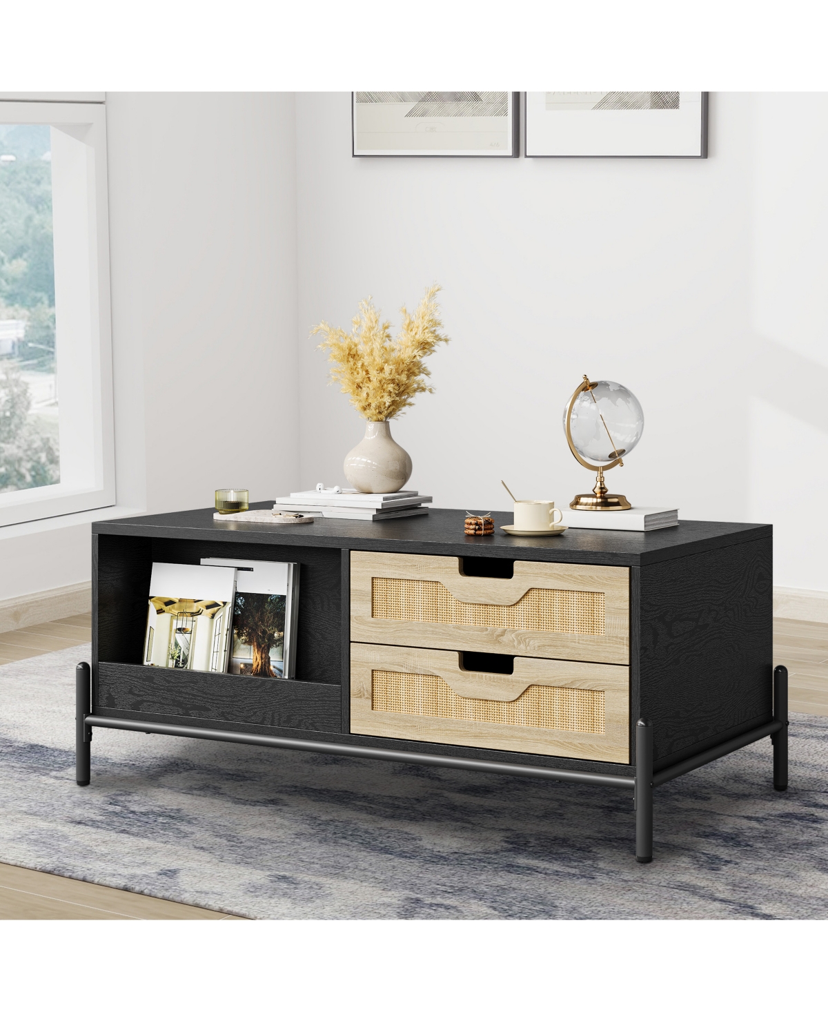 Homfan Coffee Table for Living Room, Modern Rattan Table with 4 Drawers and 2 Compartments, Wooden Table with Led Lights, Rectangle Table for Office