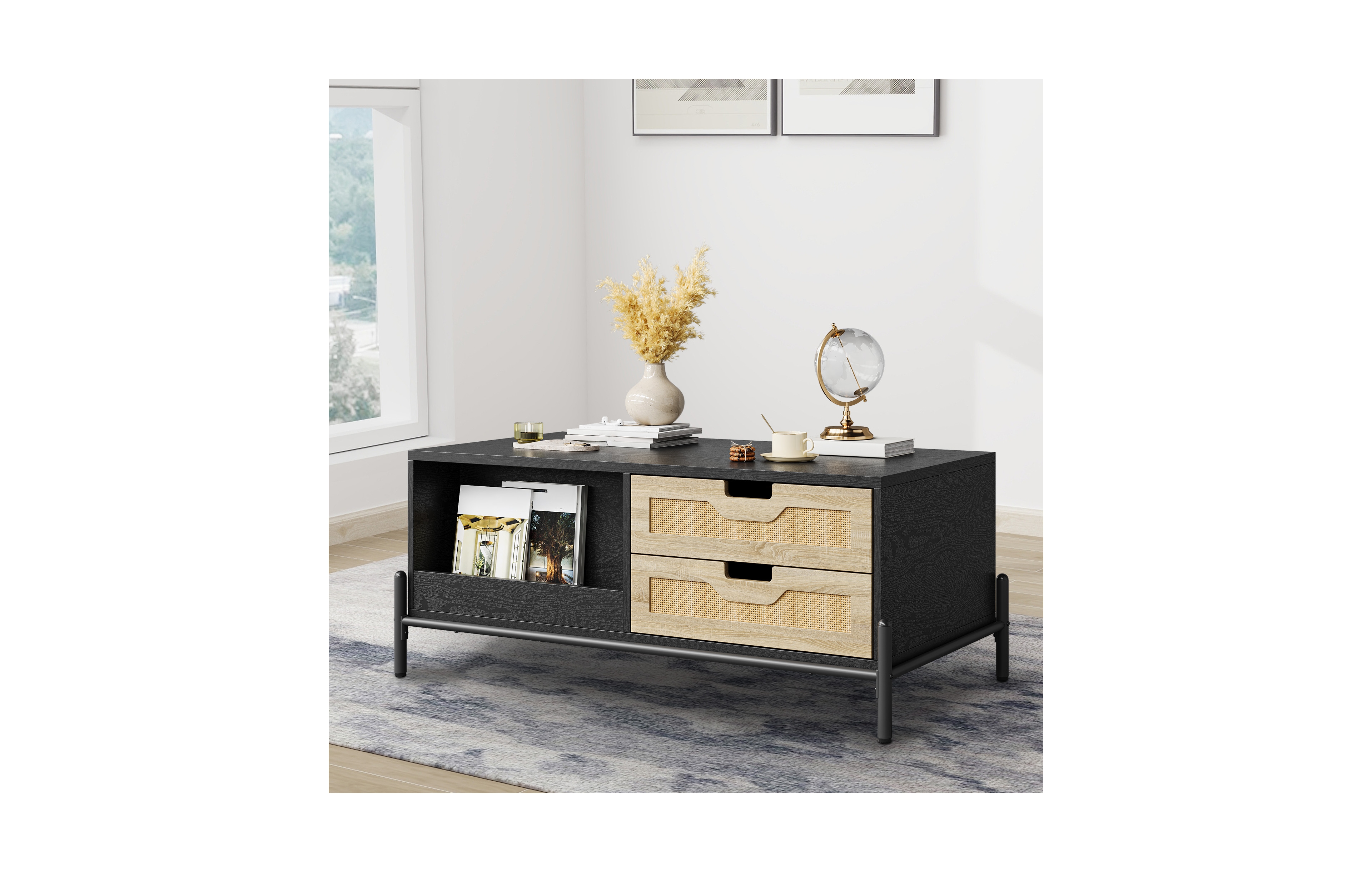Homfan Coffee Table for Living Room, Modern Rattan Table with 4 Drawers and 2 Compartments, Wooden Table with Led Lights, Rectangle Table for Office