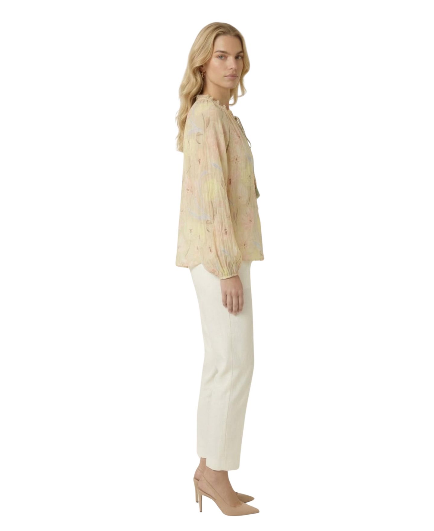Женская блузка Modenaire Floral Print Tassel-Tie Neck Long-Sleeve, цвет: Бежевый — фото 3