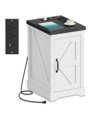 Home Farmhouse Nightstand End Table. Wood Storage Bedside Cabinet with Cord Management