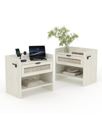 Home Set of 2 Engineered Wood Rattan Nightstands, Storage End Tables