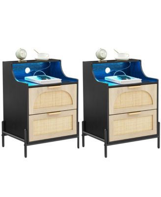 Home 2-Drawer Rattan Wood Nightstand, Boho Bedside Storage Side Table, 2-Pack