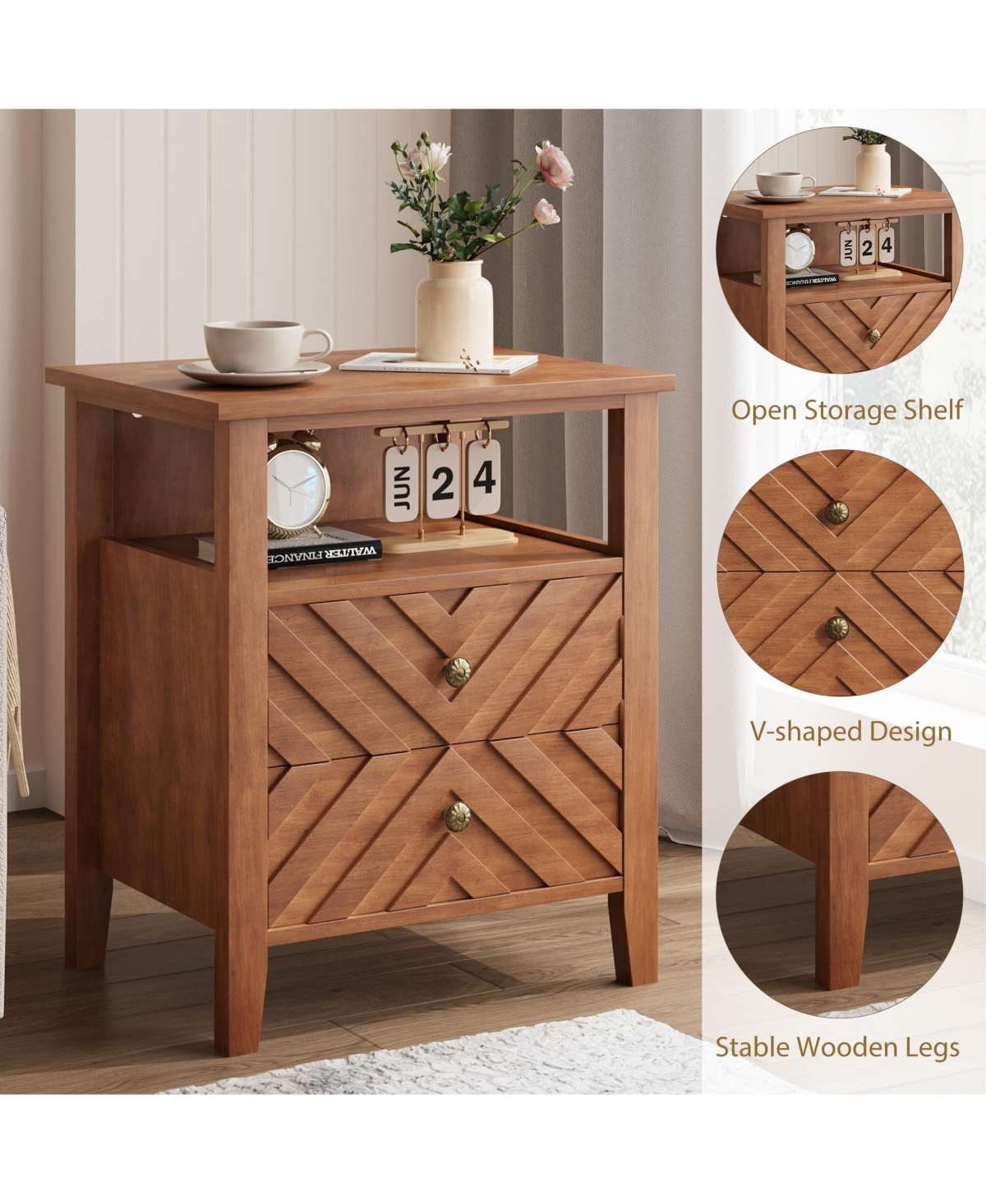 gaomon Home 2-Drawer Farmhouse Wood Nightstand, Rustic Bedside Table with Open Shelf Storage, 2-Pack