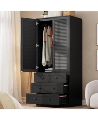70" Wardrobe Armoire Wooden Closet with 2 Doors and 3 Drawers, Bedroom Armoire with Hanging Rod Shelf, Large Capacity Storage Wardrobe Armoire