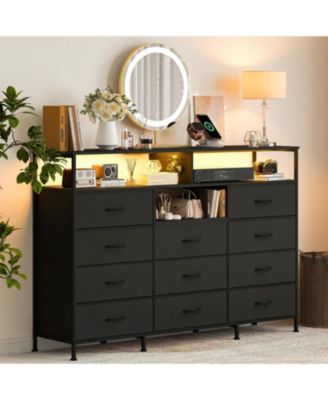 Dresser for Bedroom with 11 Fabric Drawers, Featuring Power Outlet and LED Lights, Wooden Top