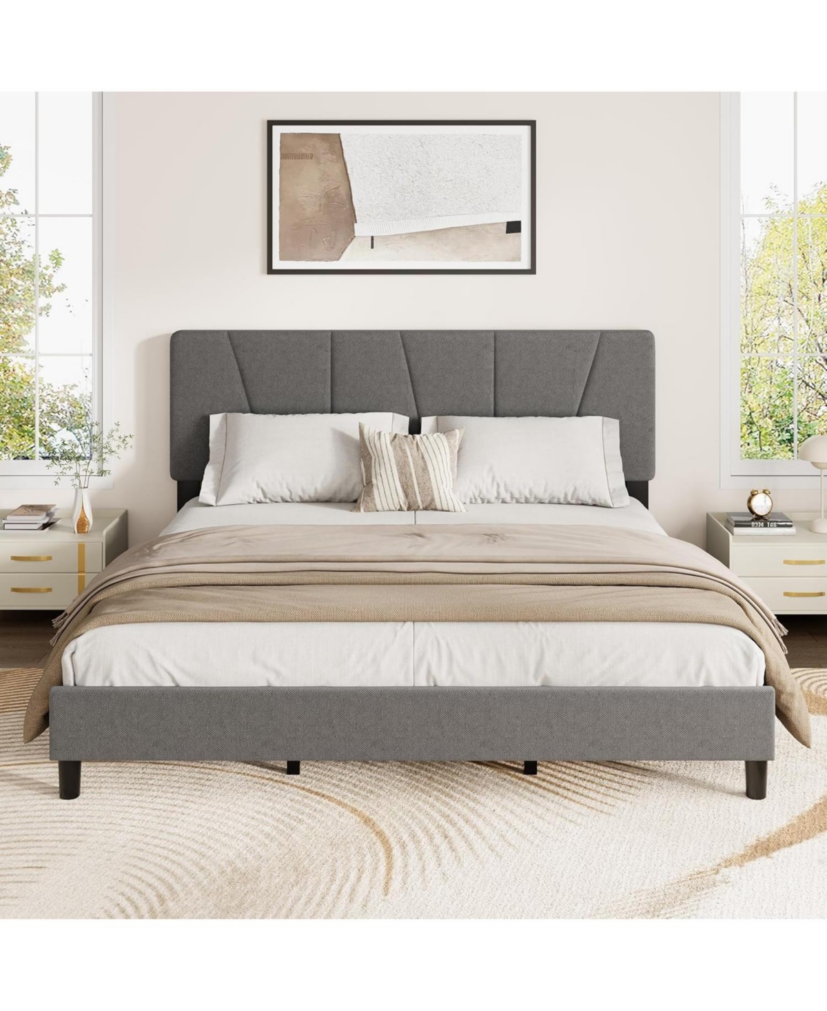 gaomon Upholstered Platform Bed with Adjustable Headboard Wooden Slats