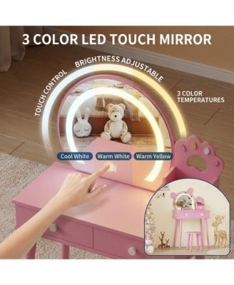 Bear-Shaped Lighted Mirror Kids Vanity Table and Chair Set - Wooden Princess Makeup Desk with Stool, Storage Drawers