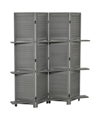 4 Panel Folding Room Divider, with Shelves, 5.6 Ft Freestanding Paulownia Wood, for Bedroom Home Office, No Assembly Required