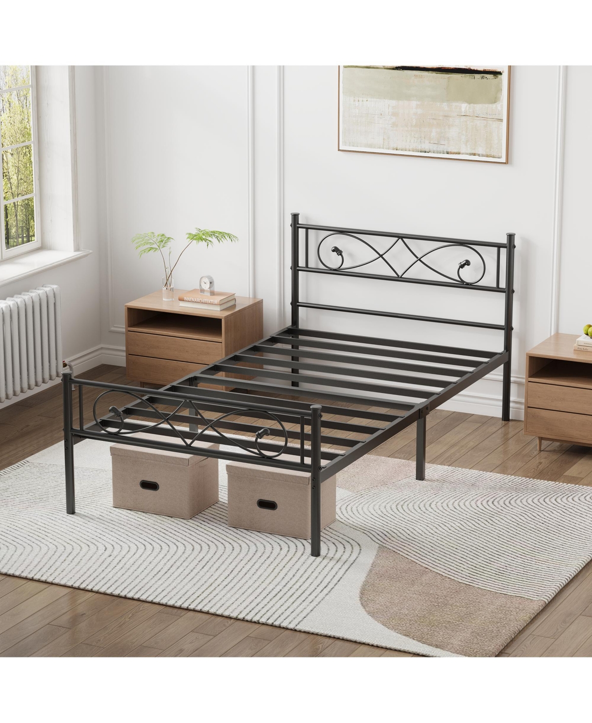 Homfan Metal Platform Bed Frame with Fist-Style Headboard and Footboard, Underbed Storage and Metal Slats