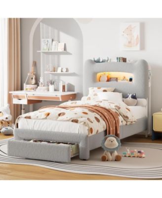 Full LED Bed Frame with Storage Headboard, Upholstered Platform with Charging Station and Drawers