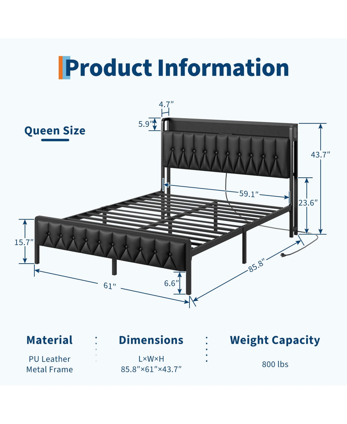 gaomon Size Bed Frame with Charging Station, Faux Leather Headboard and and Footboard