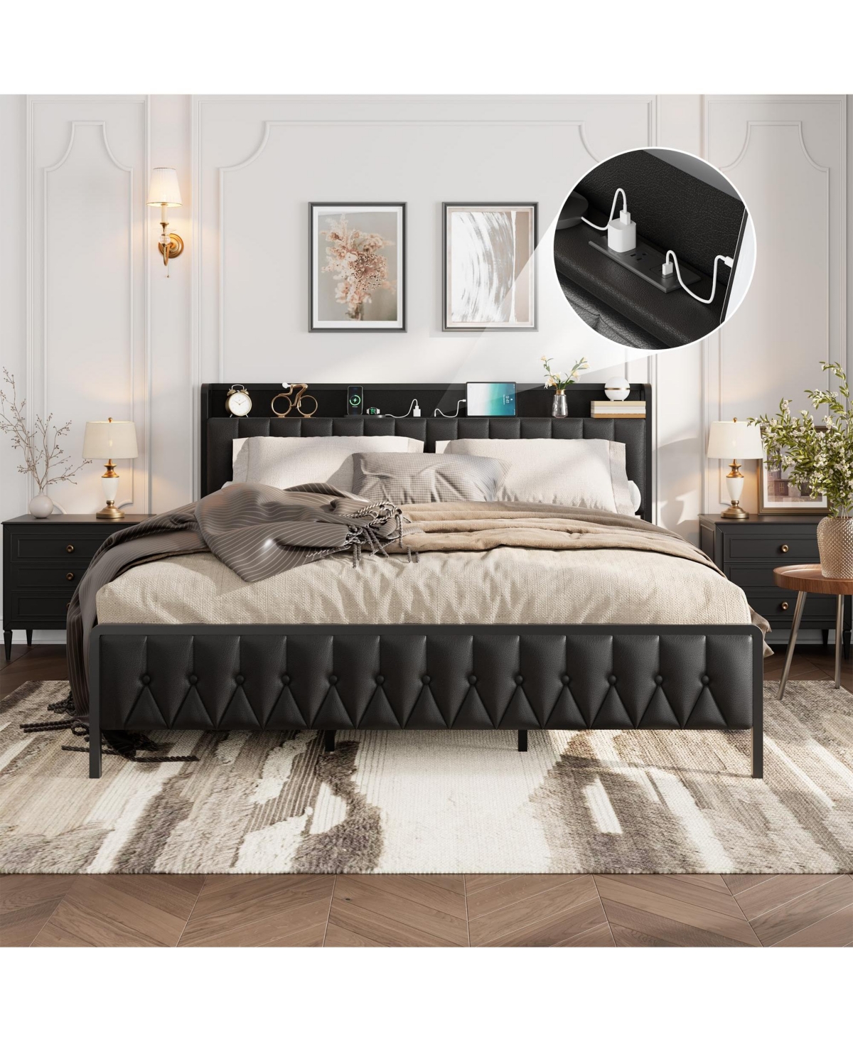 gaomon Size Bed Frame with Charging Station, Faux Leather Headboard and and Footboard