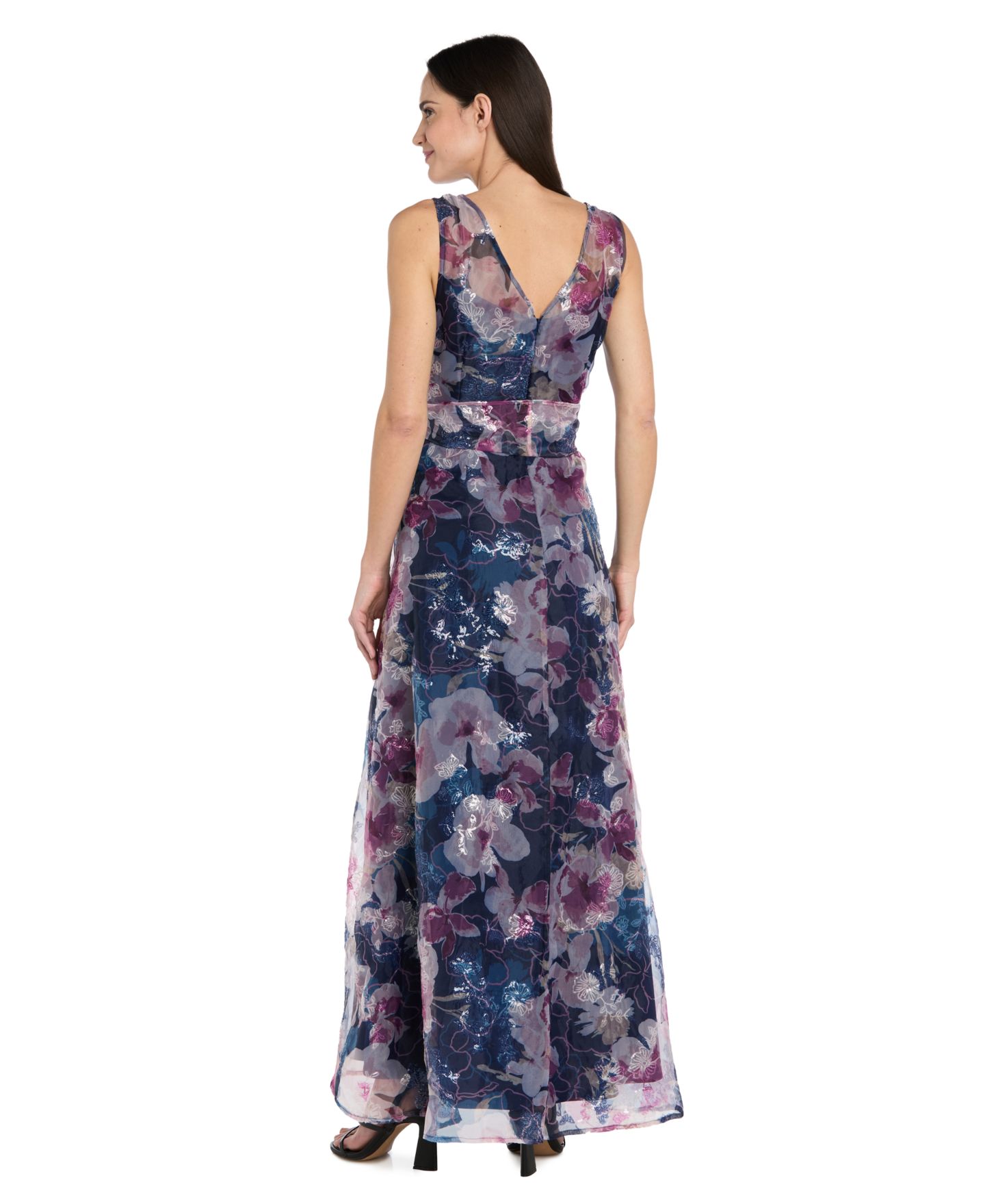 Женские платья R & M Richards Petite Sequin Printed Self-Tie Sash Long Gown, цвет: Тёмно-синий розовато-лиловый — фото 3