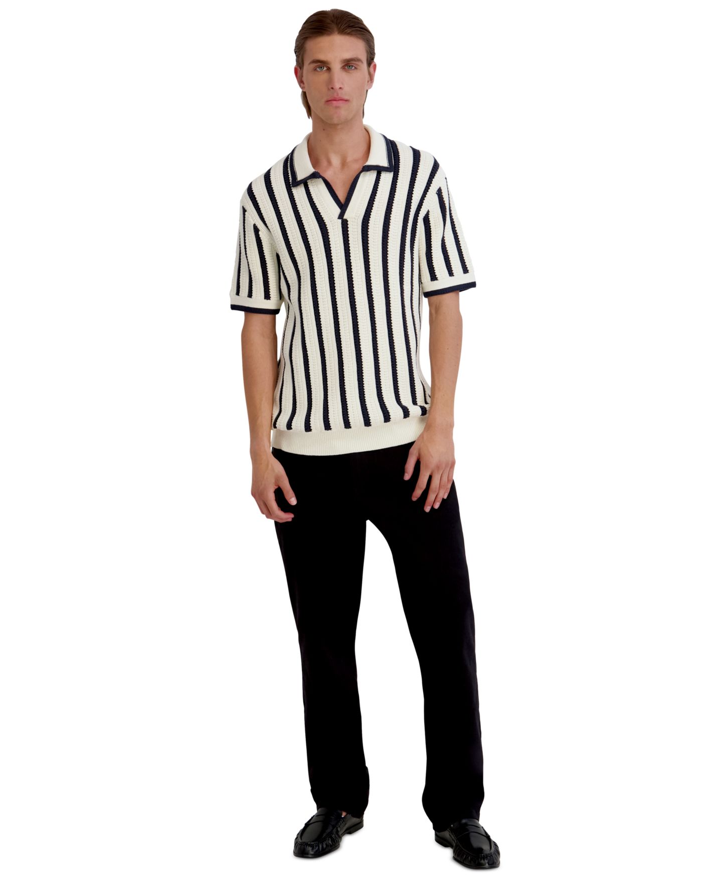 Мужской свитер KARL LAGERFELD PARIS Open Weave Stripe Johnny Sweater Polo Shirt, цвет: Тёмно-синий / Белый — фото 2