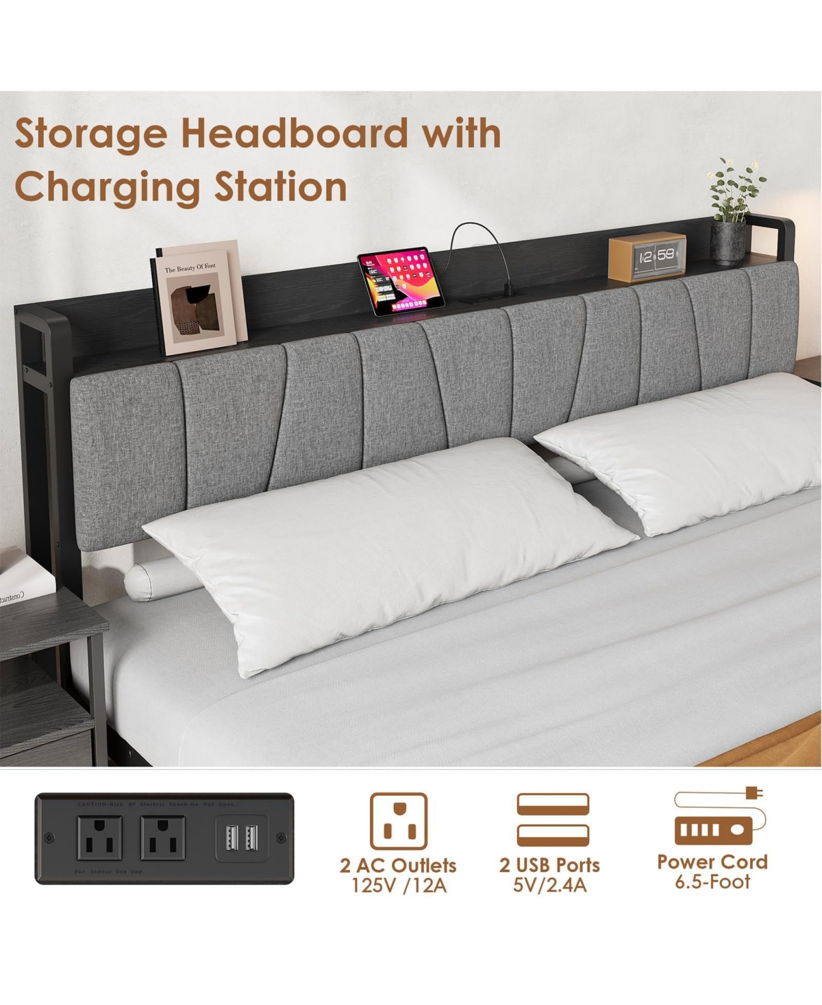 gaomon Industrial Bed Frame with Storage Headboard, Charging Station and 2 Drawers