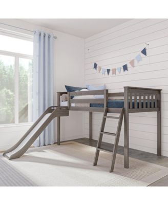 Twin Size Low Loft Bed with Slide, Solid Wood Kids Platform Bed with 14 inch Guardrails