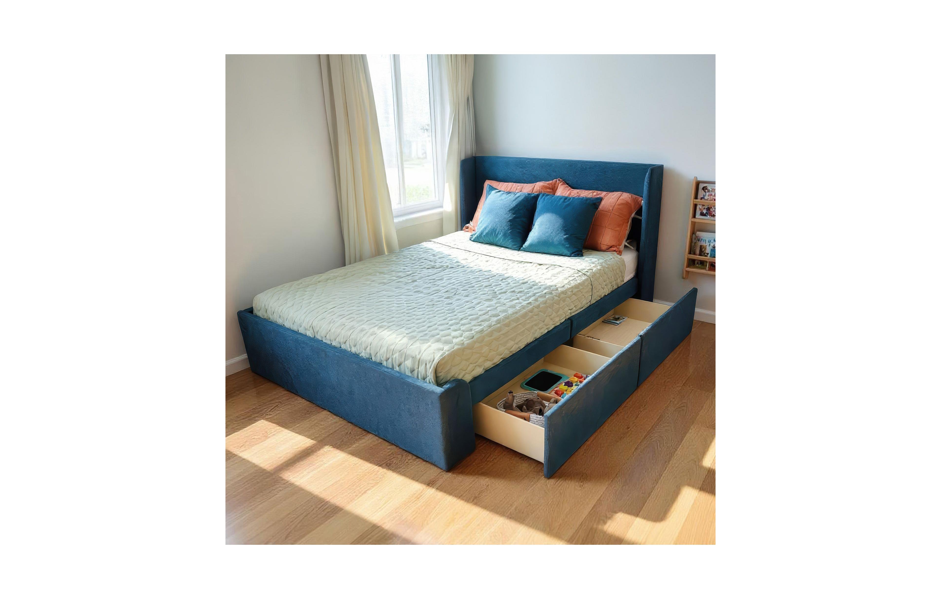 Upholstered Bed with Rectangular Headboard 2 Drawer Side Storage