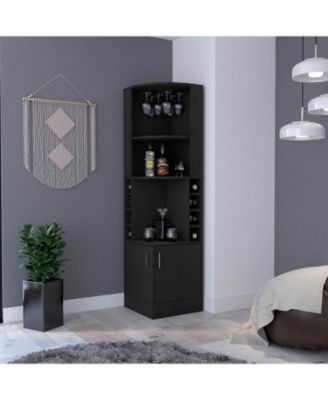 Corner Bar Cabinet with Double Door, Glass Rack and 8 Built-in Wine Rack