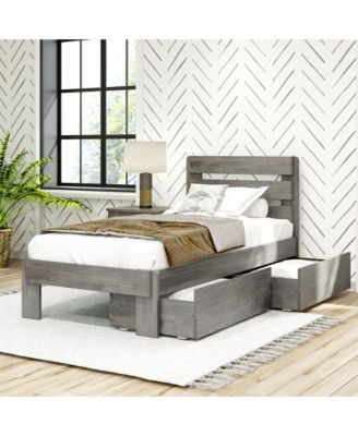 Solid Wood Farmhouse Twin Bed with Plank Headboard and Storage Drawers