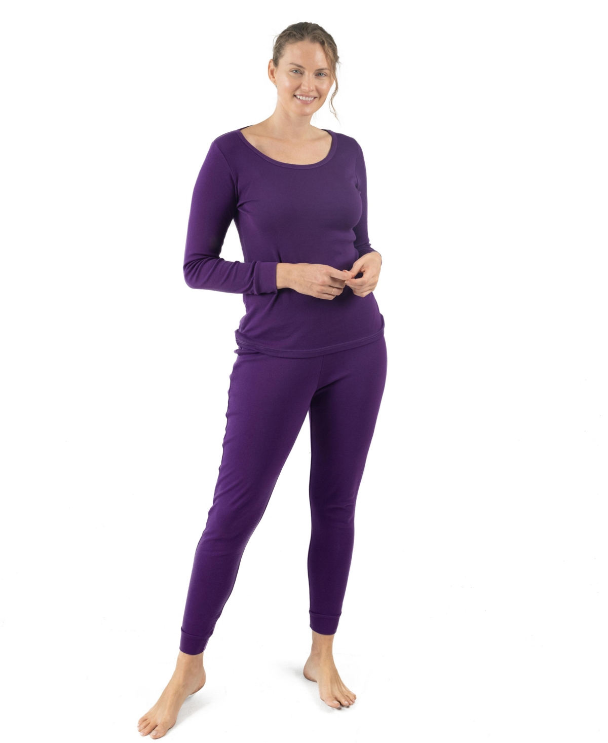 Leveret Women's Matching Family Two Piece Cotton Long Sleeve Shirt and Pants Solid Color Pajamas - Dark purple