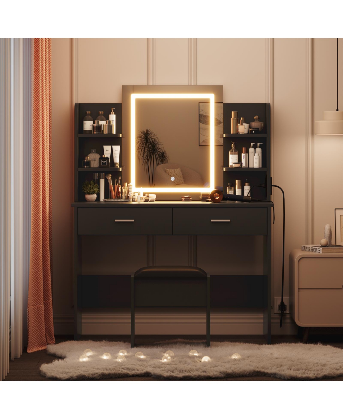 Homfan Makeup Vanity Desk with Mirror and Led Lights, 6 Storage Shelves, 2 Drawers, Cushioned Stool, Built-in Power Outlet, Dressing Room Table Set