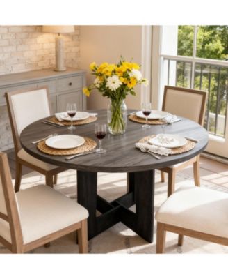 43" Round Dining Table for 4, Space-Saving Wooden Pedestal, Modern Farmhouse Design