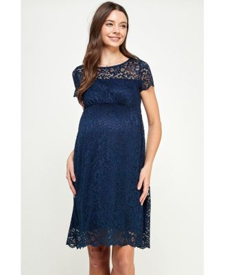 Maternity Crew Neck Floral Lace Dress with Empire Waist