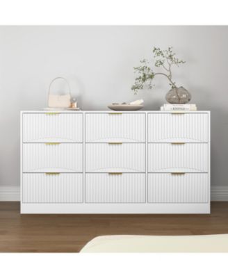 63" Wide Modern Fluted Dresser,with 9 Drawers, with Smooth Slides and Gold Handles, for Bedroom Living Room