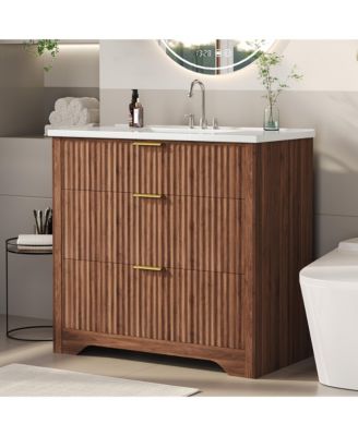Fluted Bathroom Vanity with Ceramic Sink Freestanding Cabinet with Soft-Close Drawers and 1 Rotating-Down Drawer 36 In