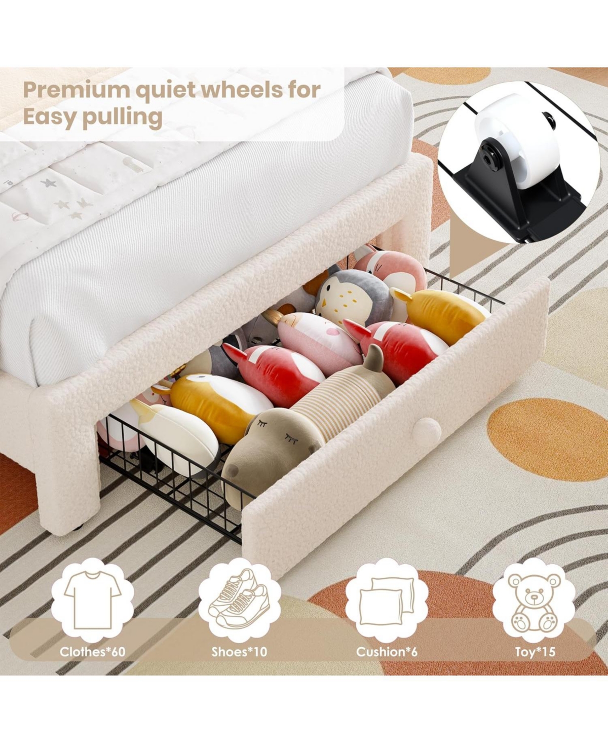 gaomon Twin Upholstered Led Bed Frame - with Storage Drawer and Rainbow Headboard, Berber Fleece Princess Platform for Kids, Solid Wood Support