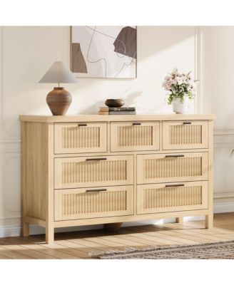 Fluted 7 Drawer Dresser for Bedroom, Rattan Chest of Dressers, Tall Dresser for Closet with Drawers