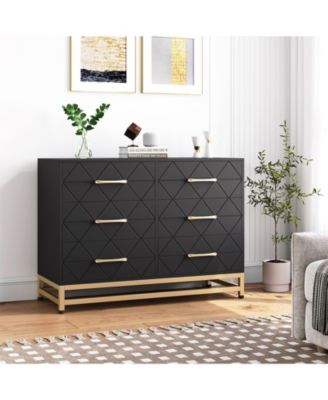 6 Drawer Wood Dresser for Bedroom, Modern Storage Chest with Gold Handles and Metal Base