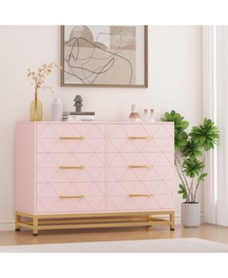 6 Drawer Wood Dresser for Bedroom, Modern Storage Chest with Gold Handles and Metal Base