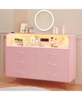 6 Drawer Dresser with LED Lights and Charging Station, Wood Storage Chest with Steel Frame