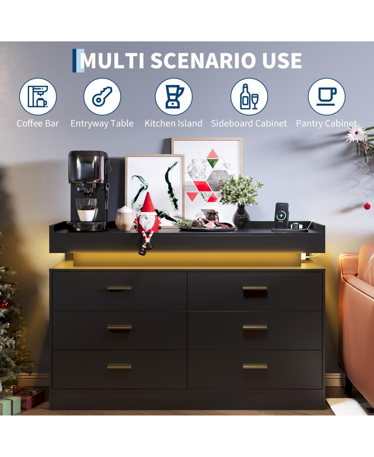 gaomon Led Tv Stand Cabinet with Charging Station, Floating Countertop Coffee Bar Sideboard with 6 Drawers Storage