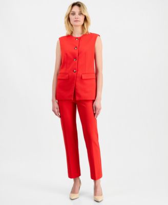 Women's Crewneck Button-Front Vest & Stretch Crepe Pull-On Hollywood Waist Straight Ankle Pants