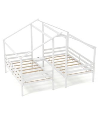 Double Twin Wood House Bed Set with Shared Built-In Nightstand and USB Charging