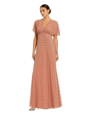 Women's Beaded Short Sleeve V-Neck Empire Waist Gown