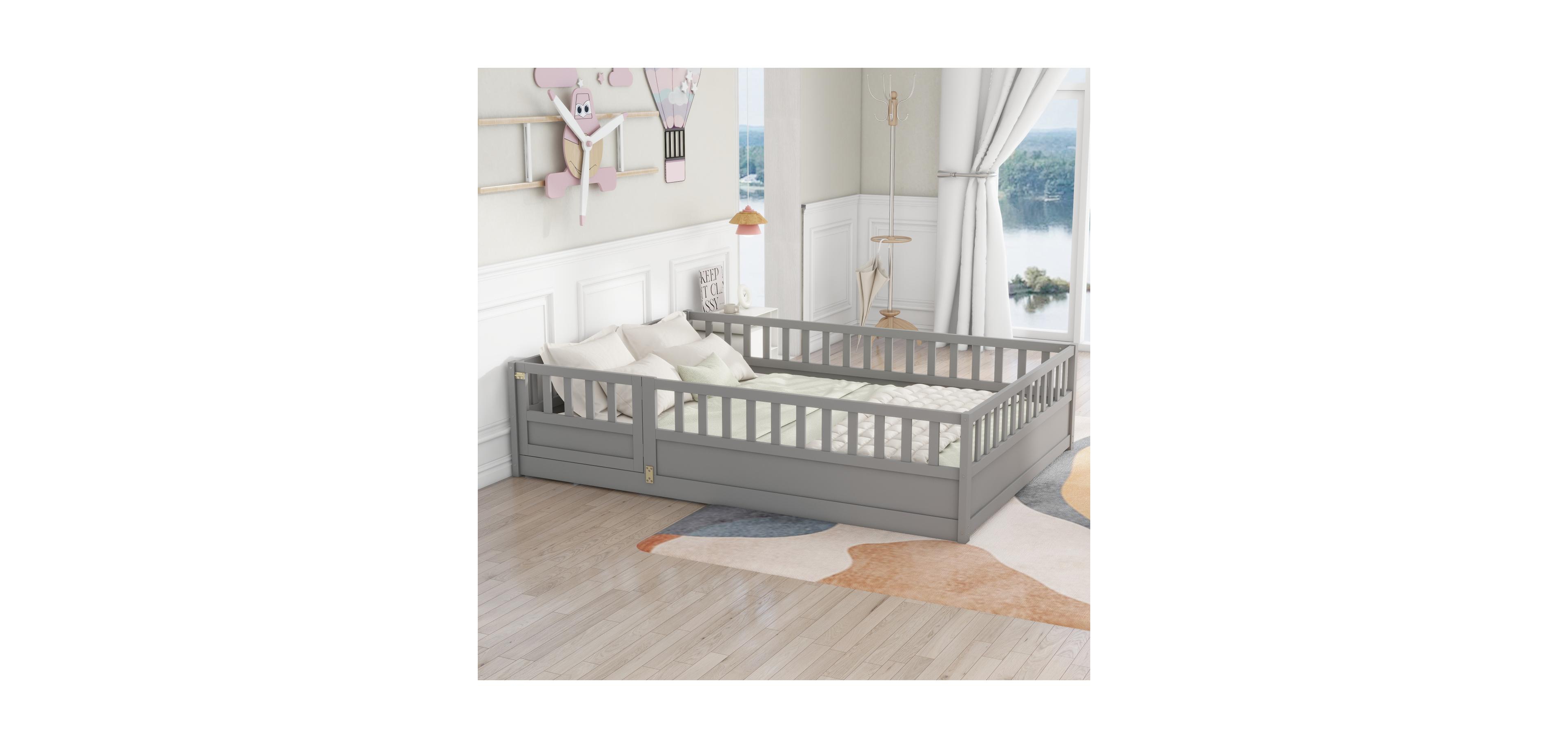 Rainsken Montessori Floor Bed, with Fence and Open Door, Children's Bed Frame