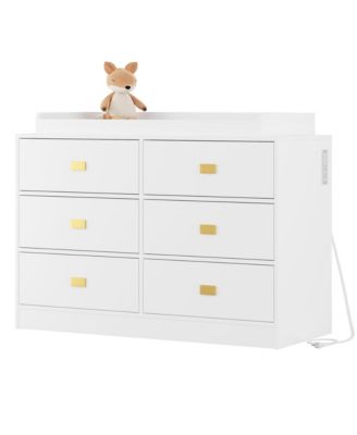 6 Drawer Baby Changing Table Dresser with Power Outlets, Pad and Removable Top