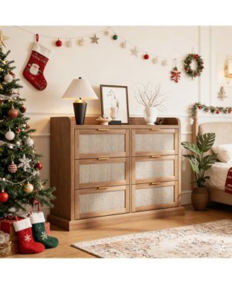 Farmhouse 6 Drawer Dresser for Bedroom, Rattan Chest of Drawers with Storage,Large Dresser Chest of Drawers with Gold Handle