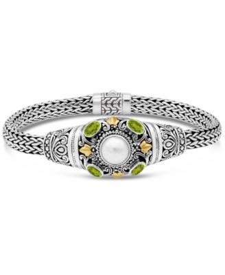 Peridot, Freshwater Cultured Pearl and Filigree with Dragon Bone Chain Bracelet in Sterling Silver and 18K Gold Accents