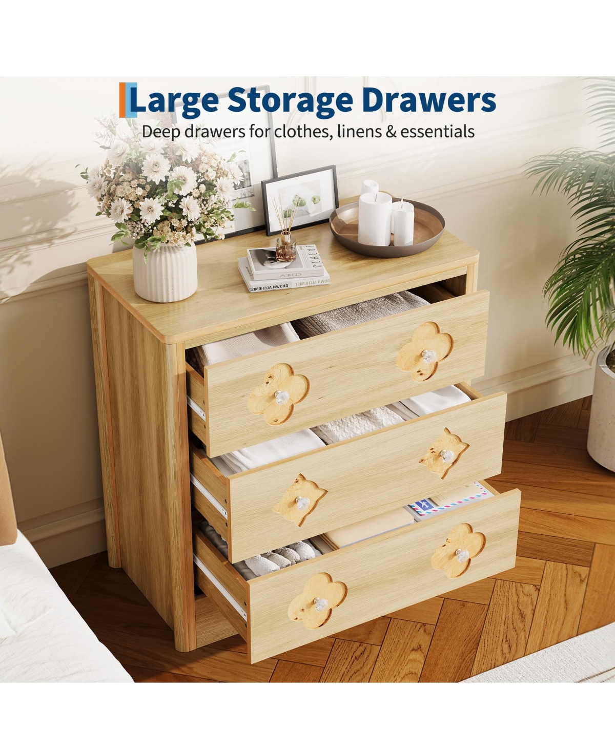 gaomon 30.4" Tall 3 Drawer Wood Dresser with Decorative Fronts and Crystal Knobs, Bedroom Storage Chest