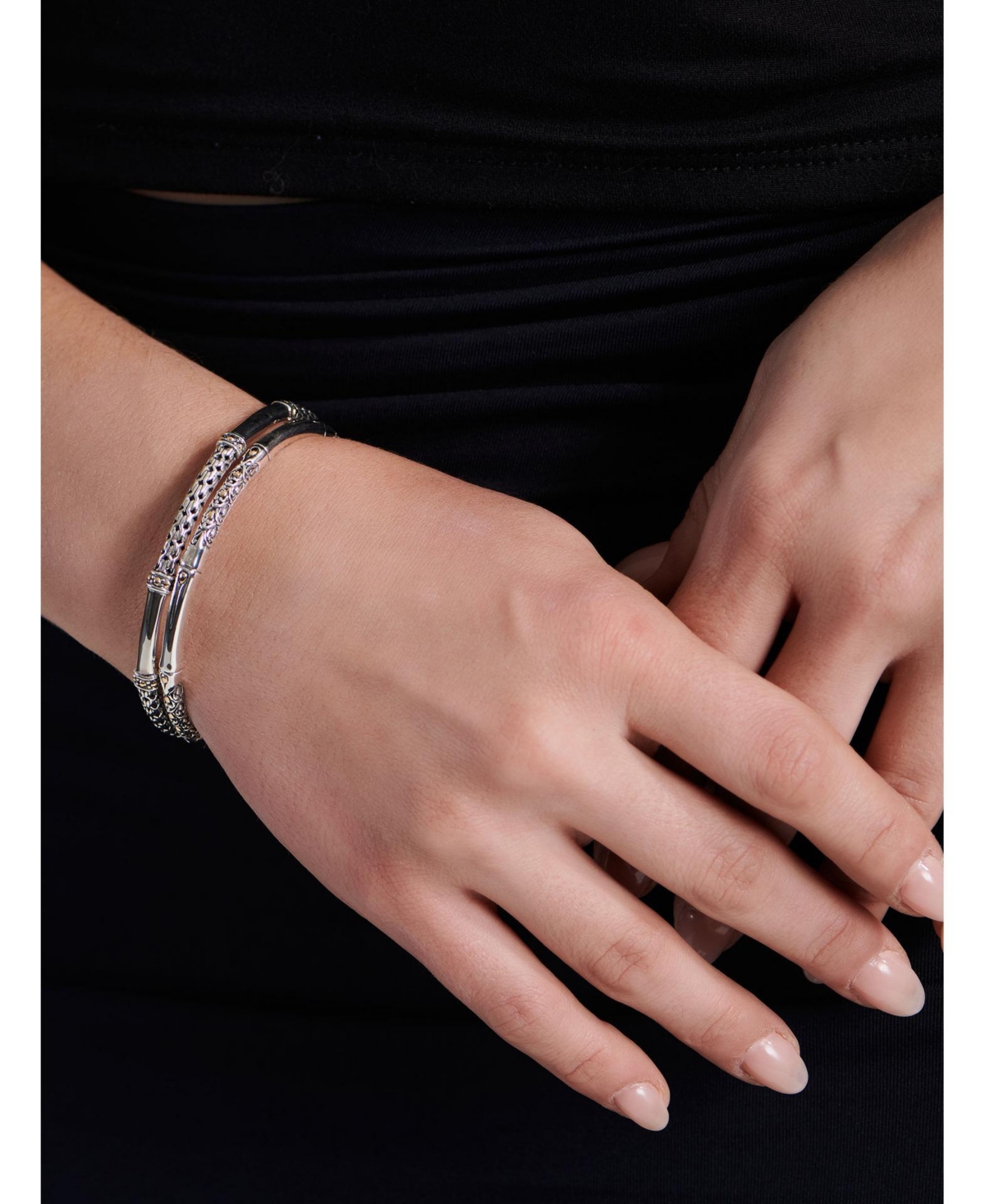 Devata Dragon Bone Slide-on Bangle Bracelet Sterling Silver and 18K Gold Accents